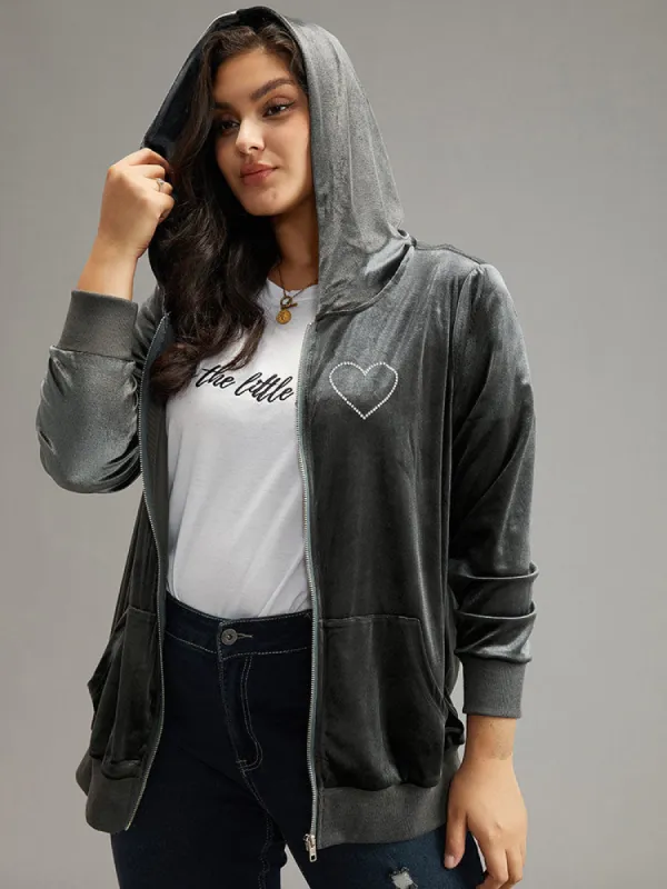 Halloween Heart Rhinestone Velvet Zipper Hooded Jacket sold by Bloomchic