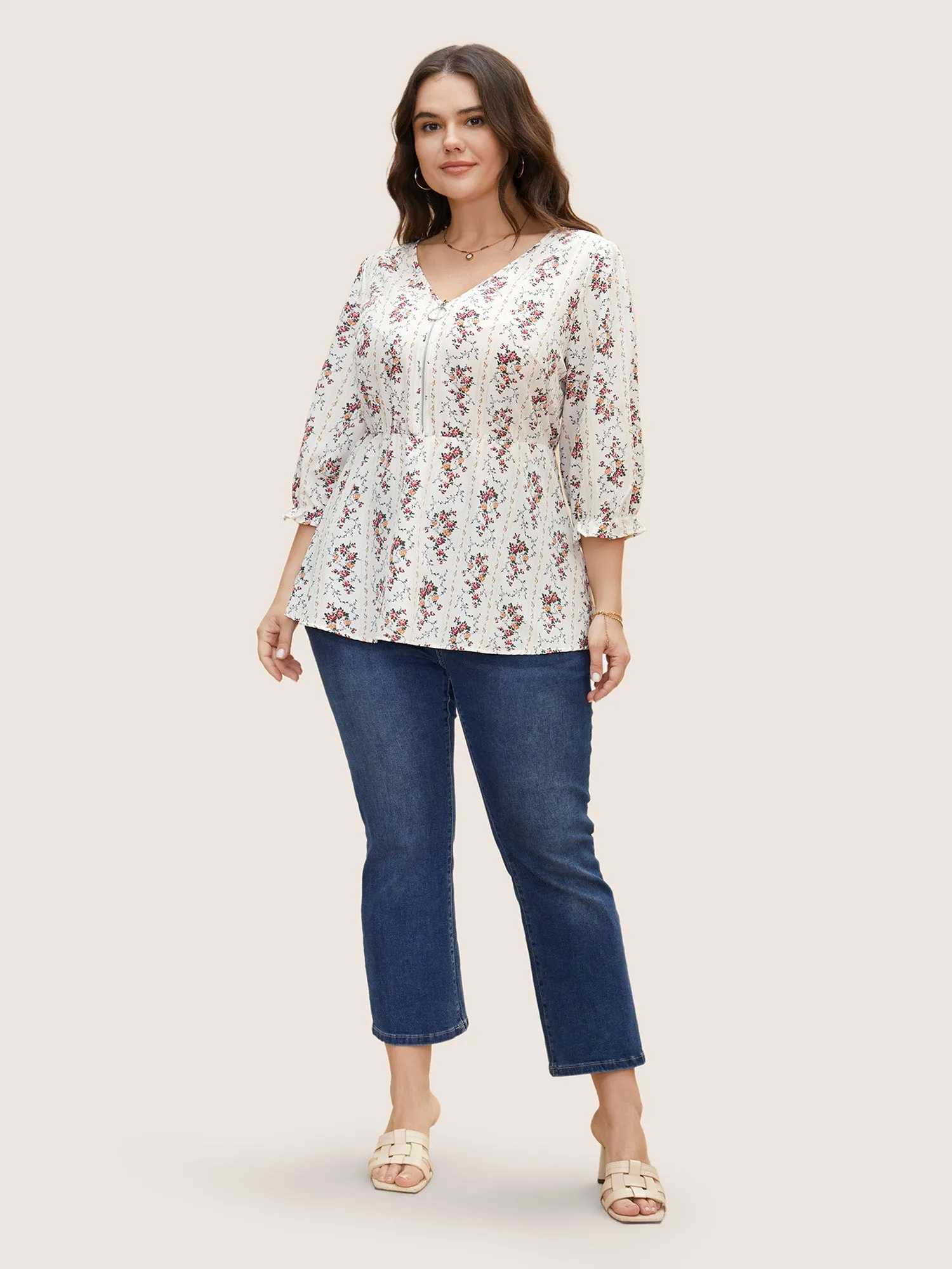 Boho Print O Ring Zipper Lantern Sleeve Blouse sold by Bloomchic product image thumbnail 3