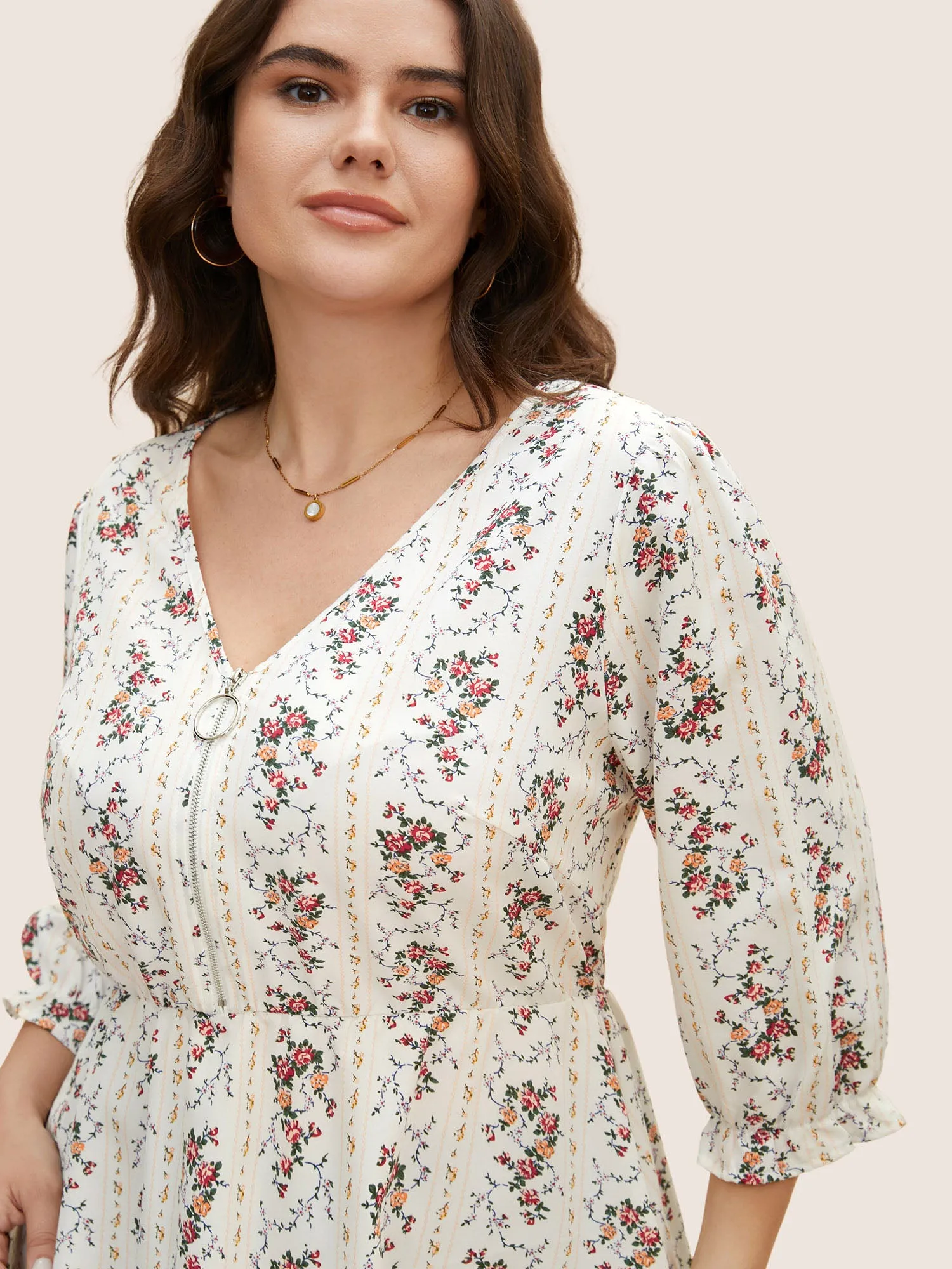 Boho Print O Ring Zipper Lantern Sleeve Blouse sold by Bloomchic product image thumbnail 4