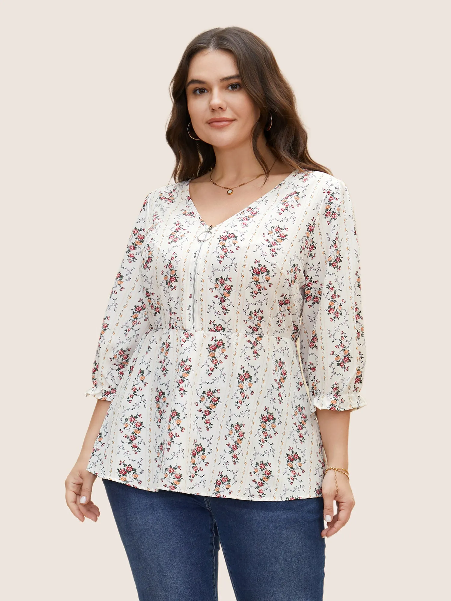 Boho Print O Ring Zipper Lantern Sleeve Blouse sold by Bloomchic product image thumbnail 2