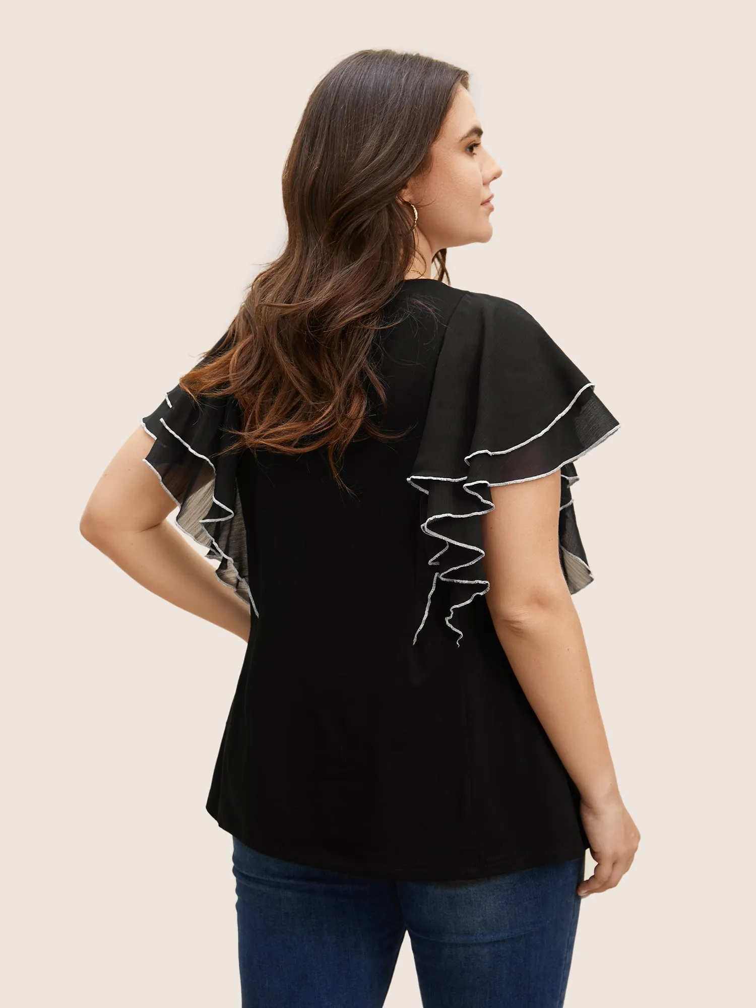 Crew Neck Contrast Trim Tiered Ruffles T-shirt sold by Bloomchic product image thumbnail 4
