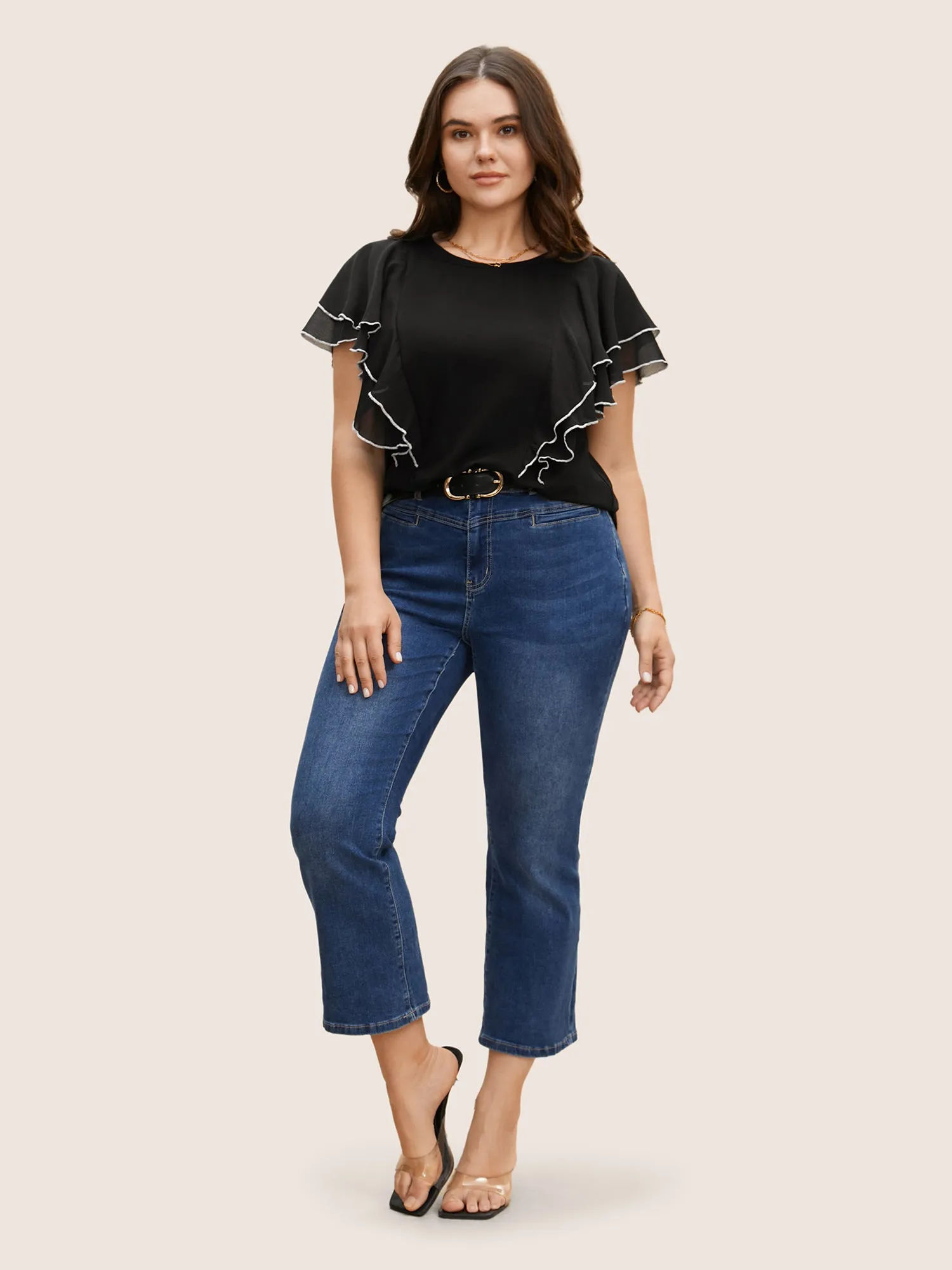 Crew Neck Contrast Trim Tiered Ruffles T-shirt sold by Bloomchic product image thumbnail 2
