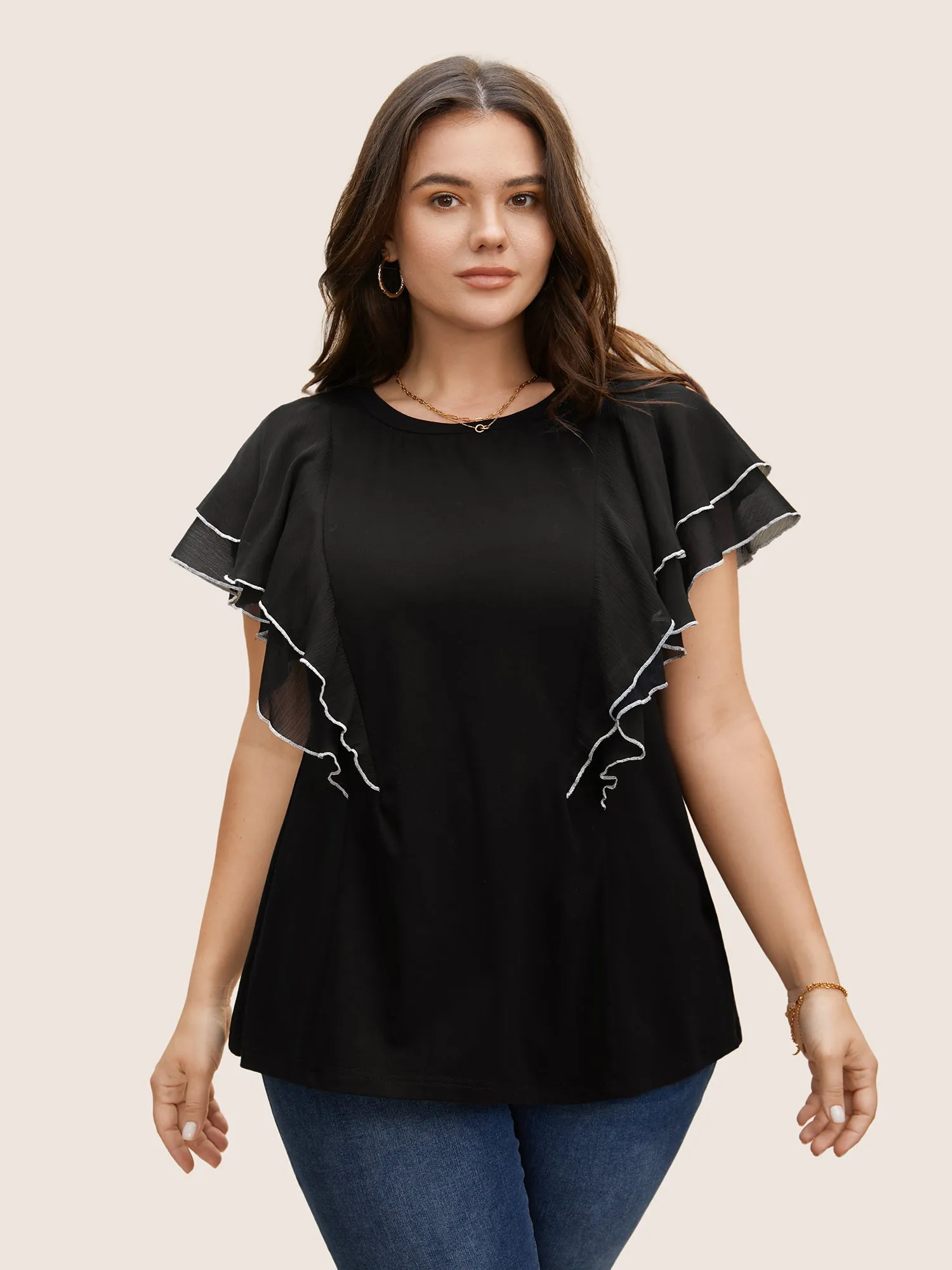 Crew Neck Contrast Trim Tiered Ruffles T-shirt sold by Bloomchic