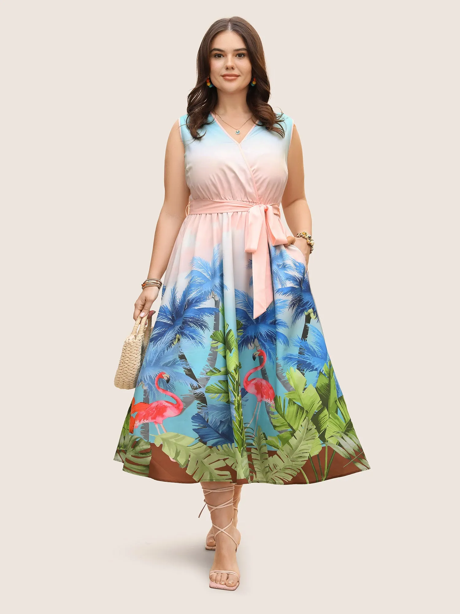 V Neck Warp Tropical Print Belted Dress sold by Bloomchic product image thumbnail 2