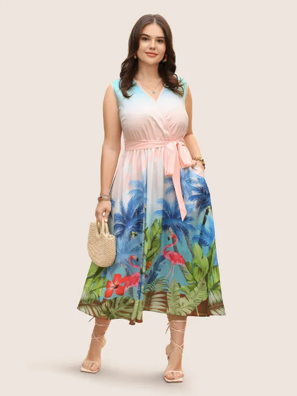V Neck Warp Tropical Print Belted Dress sold by Bloomchic