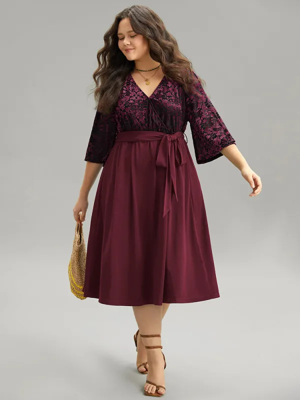 Silhouette Floral Print Belted Patchwork Velvet Dress sold by Bloomchic
