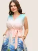 V Neck Warp Tropical Print Belted Dress sold by Bloomchic