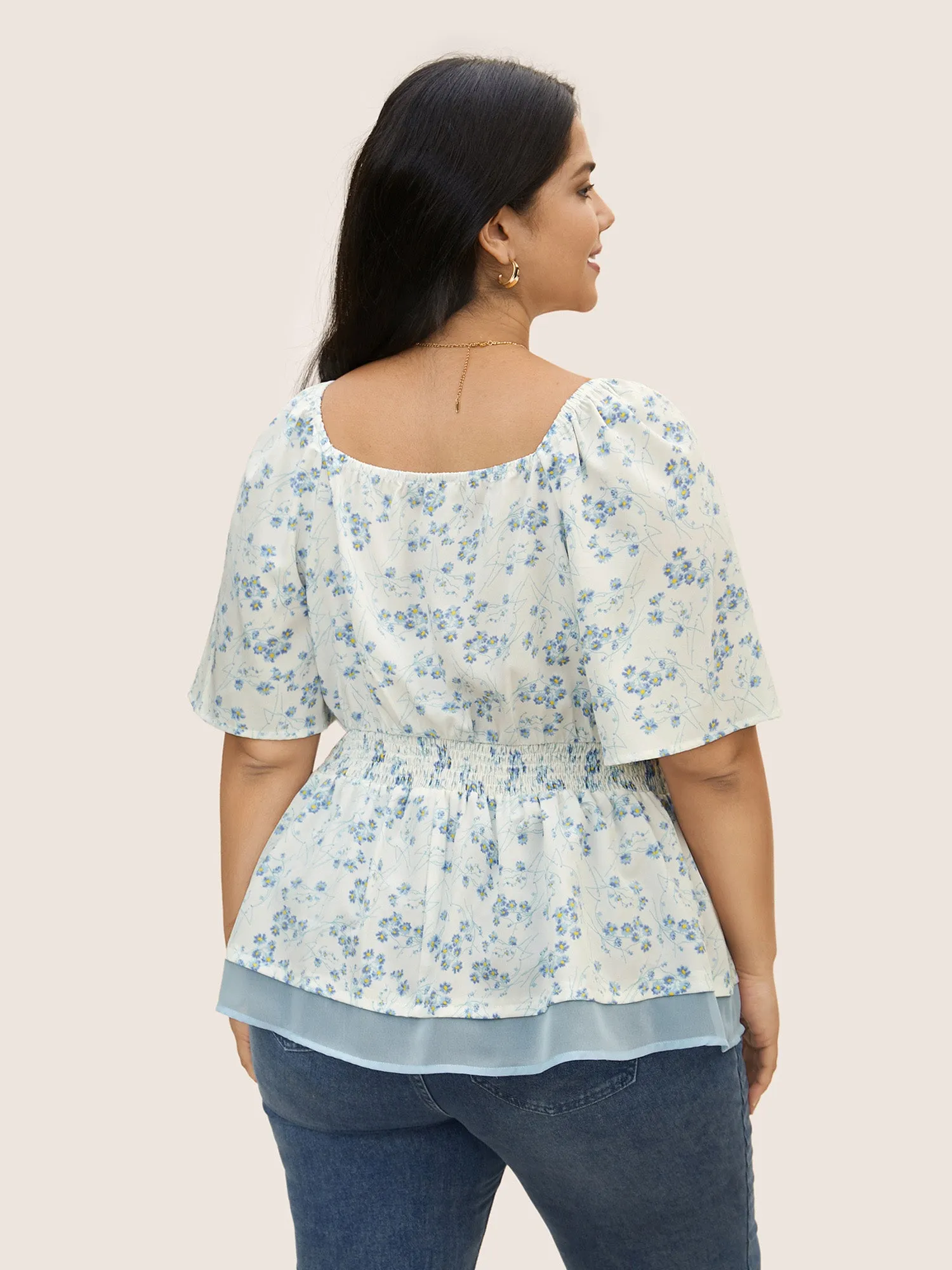 Natural Flowers Shirred Patchwork Ruffle Sleeve Blouse sold by Bloomchic product image thumbnail 5