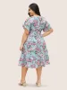 Floral Button Detail Gathered Petal Sleeve Dress sold by Bloomchic