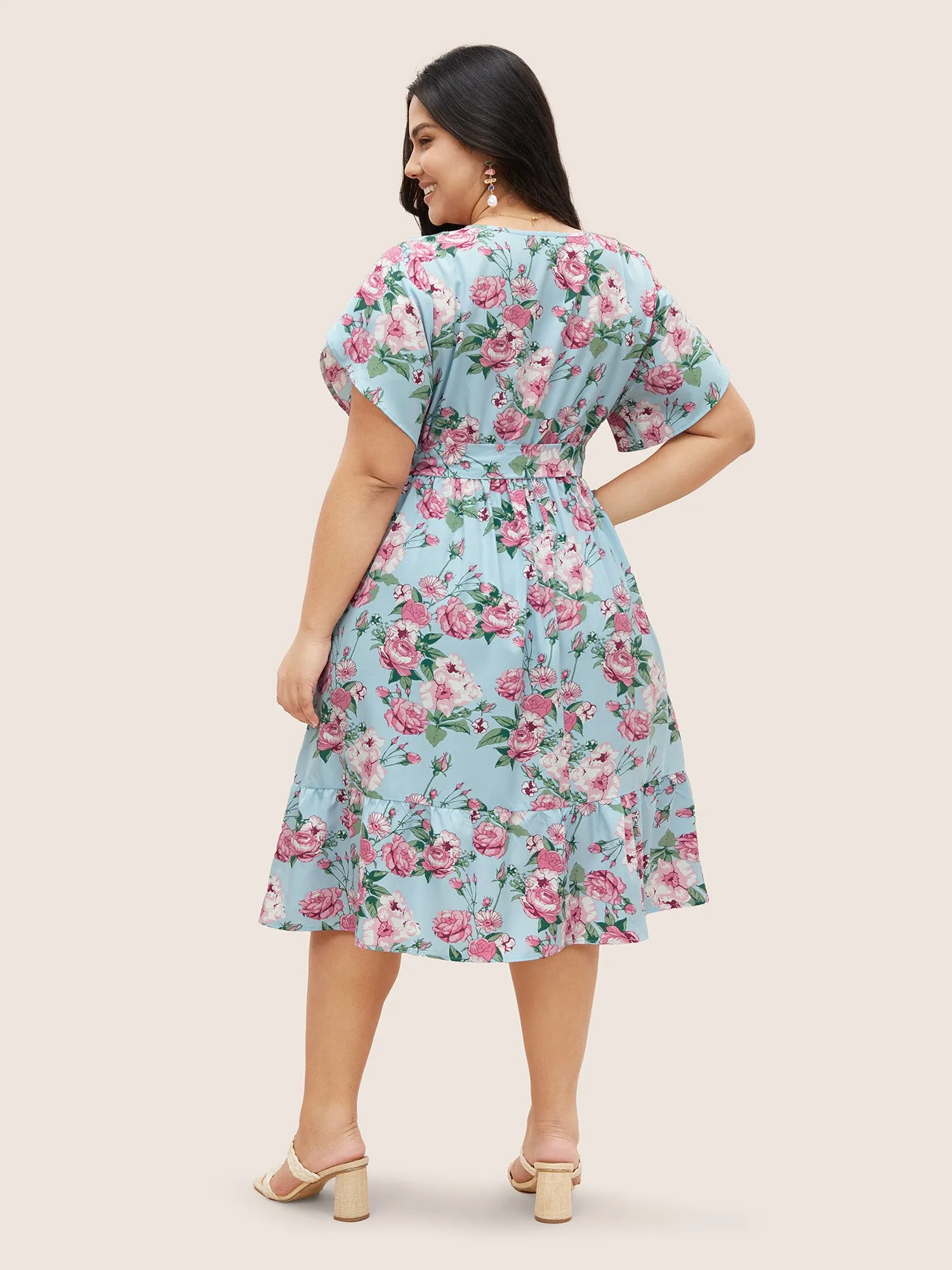 Floral Button Detail Gathered Petal Sleeve Dress sold by Bloomchic product image thumbnail 3