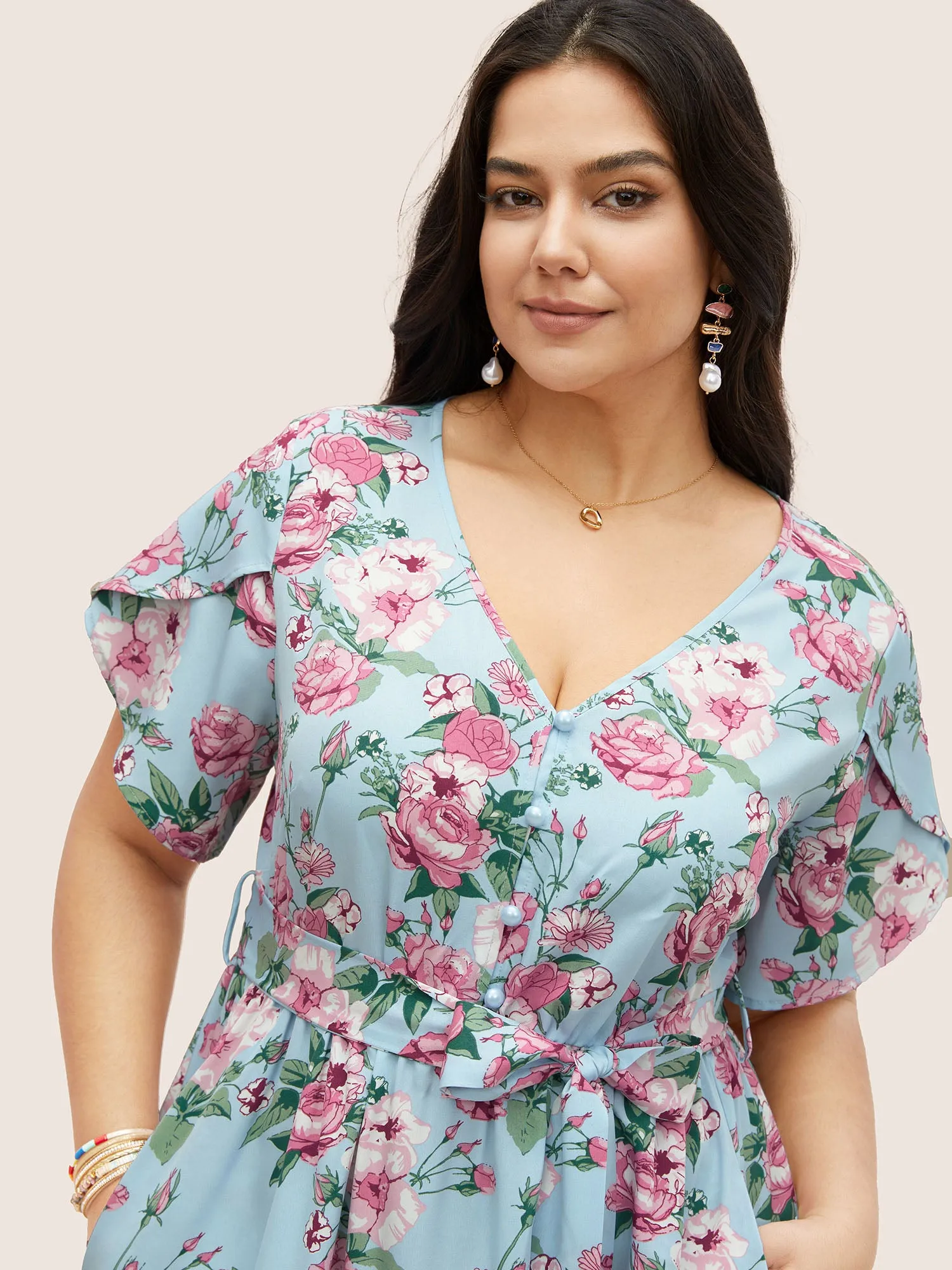 Floral Button Detail Gathered Petal Sleeve Dress sold by Bloomchic product image thumbnail 4