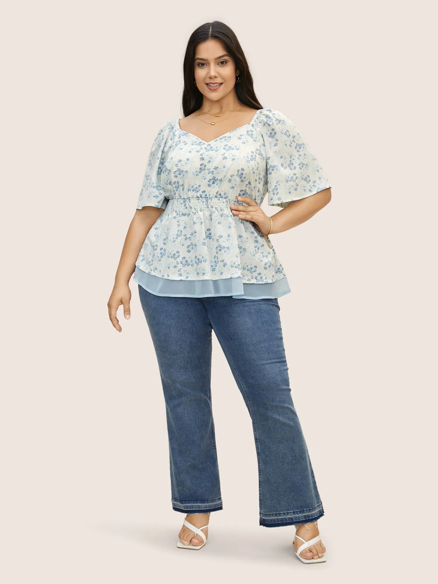 Natural Flowers Shirred Patchwork Ruffle Sleeve Blouse sold by Bloomchic product image thumbnail 3