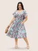Floral Button Detail Gathered Petal Sleeve Dress sold by Bloomchic