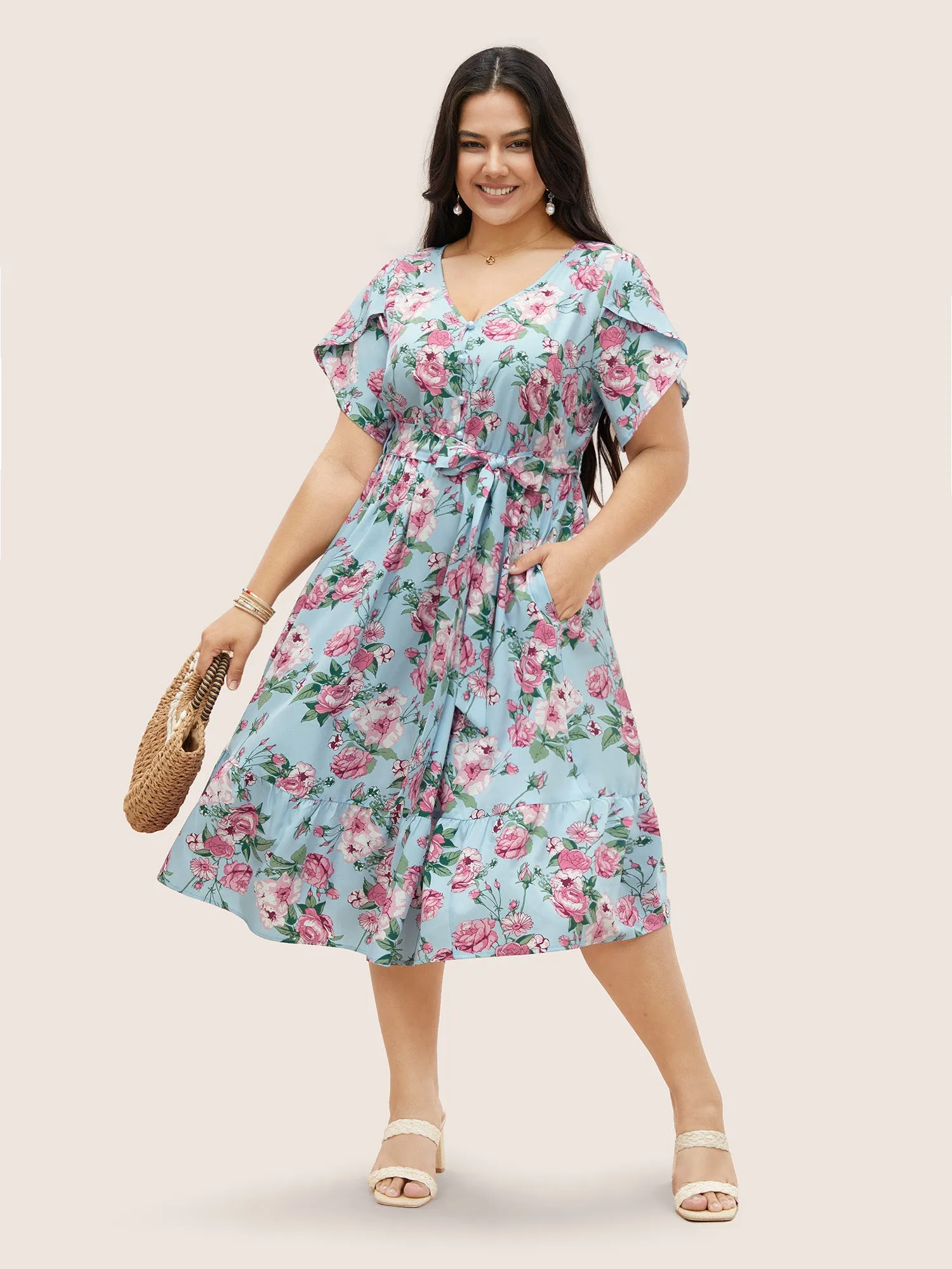 Floral Button Detail Gathered Petal Sleeve Dress sold by Bloomchic product image thumbnail 2