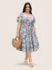 Floral Button Detail Gathered Petal Sleeve Dress sold by Bloomchic