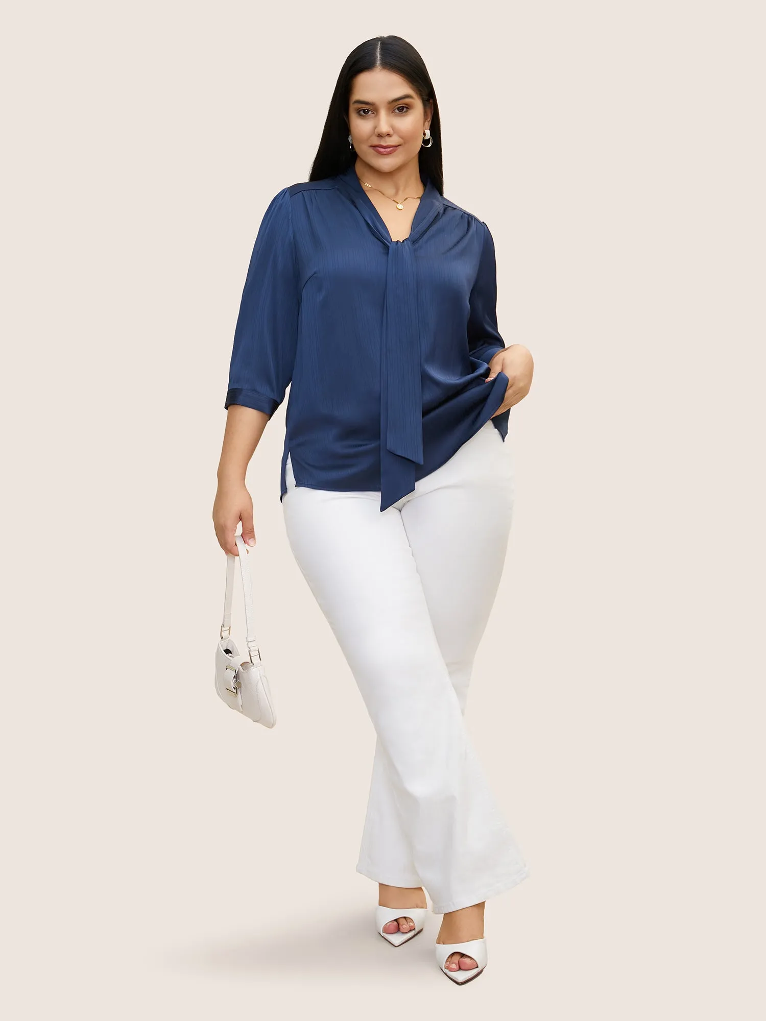 Ribbon Tied Collar Gathered Split Hem Blouse sold by Bloomchic product image thumbnail 2