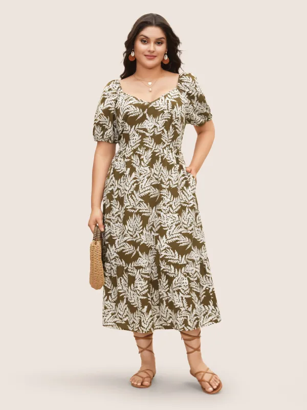 Tropical Print Lantern Sleeve Midi Dress sold by Bloomchic