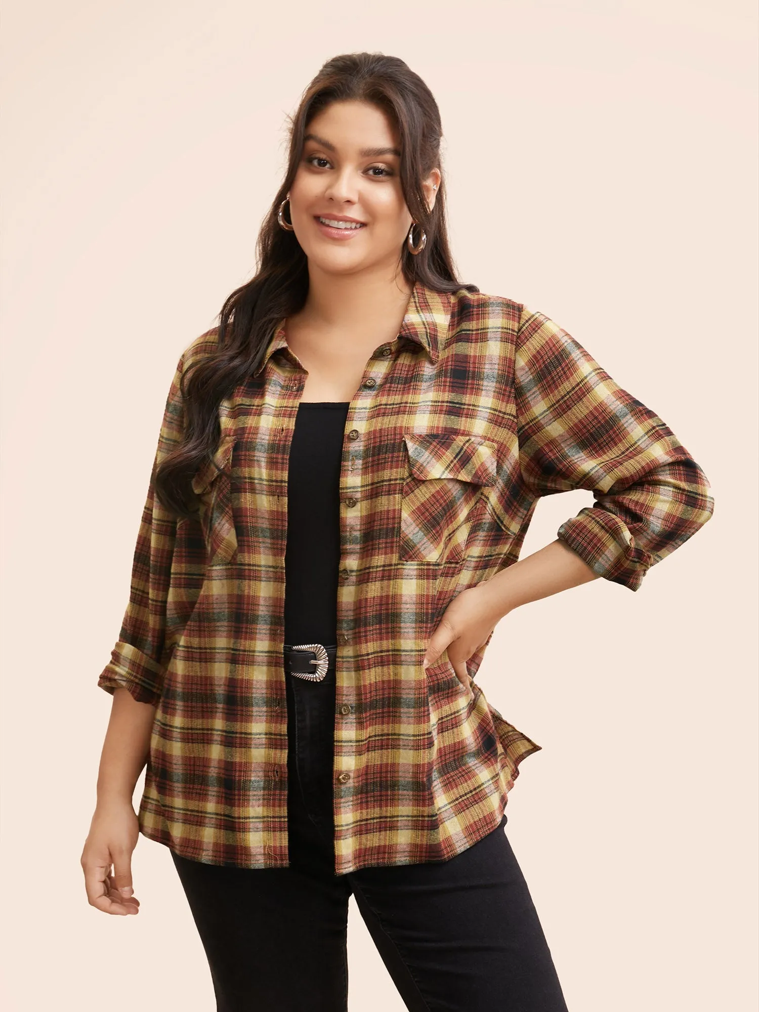 Plaid Shirt Collar Patched Pocket Blouse sold by Bloomchic