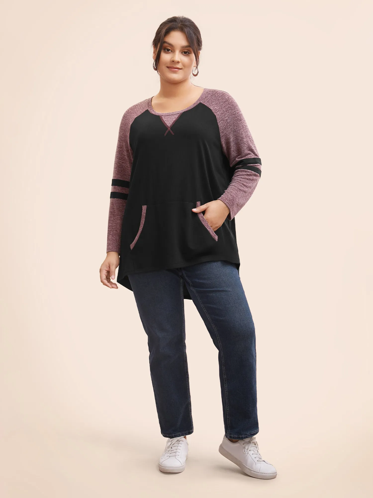 Striped Contrast Pocket Raglan Sleeve High Low Hem Sweatshirt sold by Bloomchic product image thumbnail 2