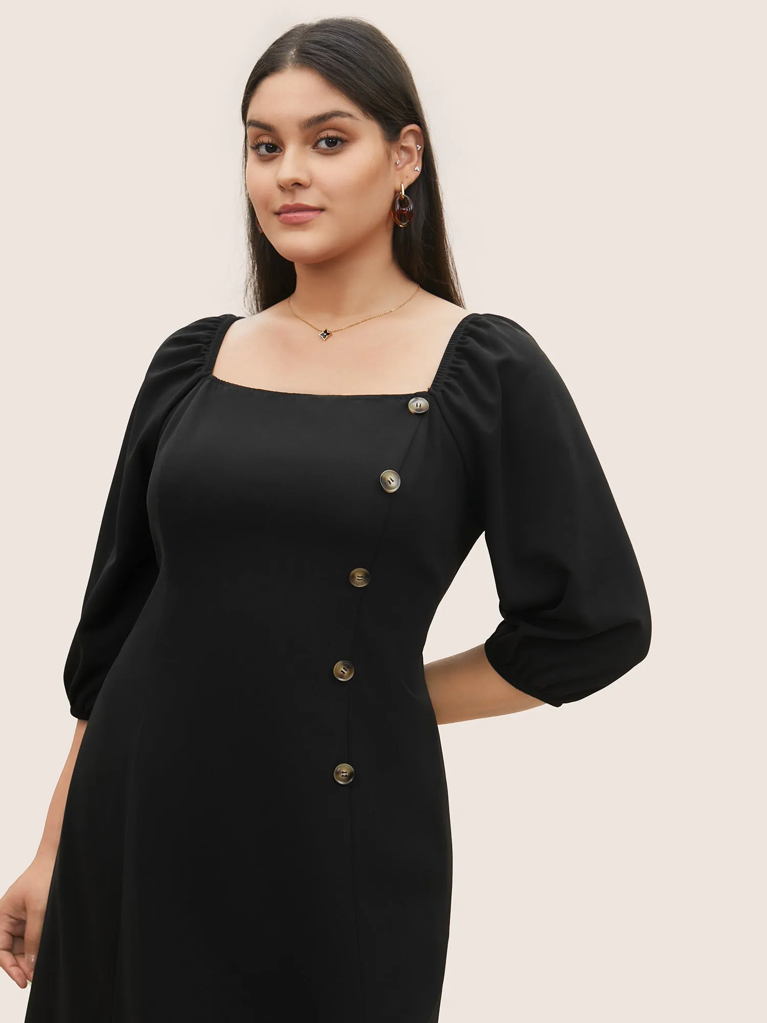 Square Neck Button Detail Gathered Split Side Dress sold by Bloomchic product image thumbnail 3