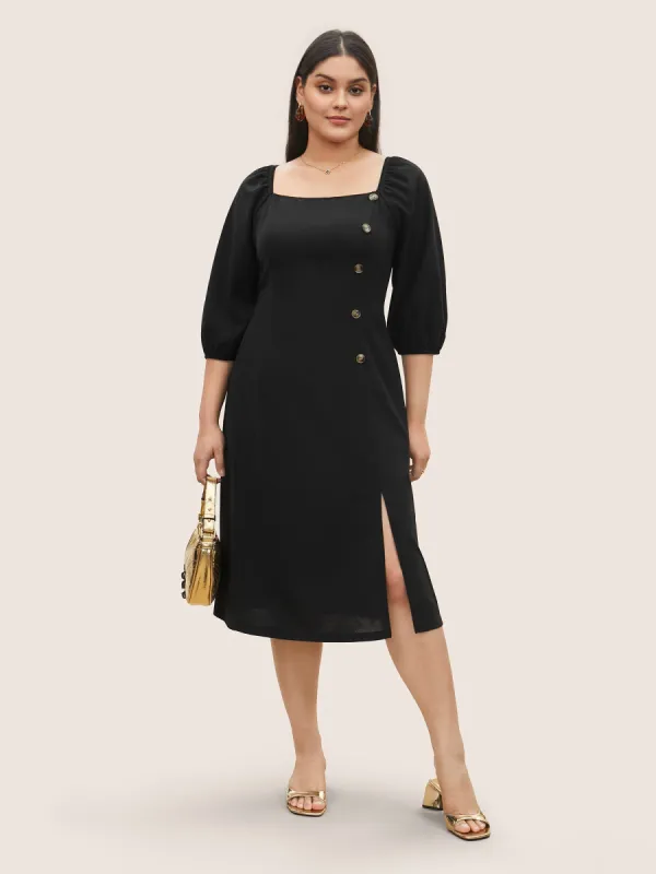 Square Neck Button Detail Gathered Split Side Dress sold by Bloomchic