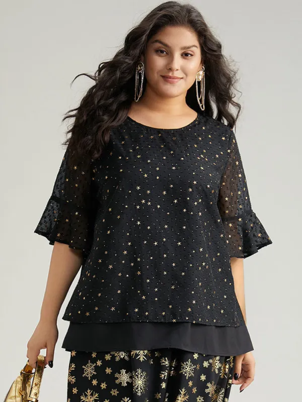 Star Glitter Flutter Sleeve Mesh Blouse sold by Bloomchic