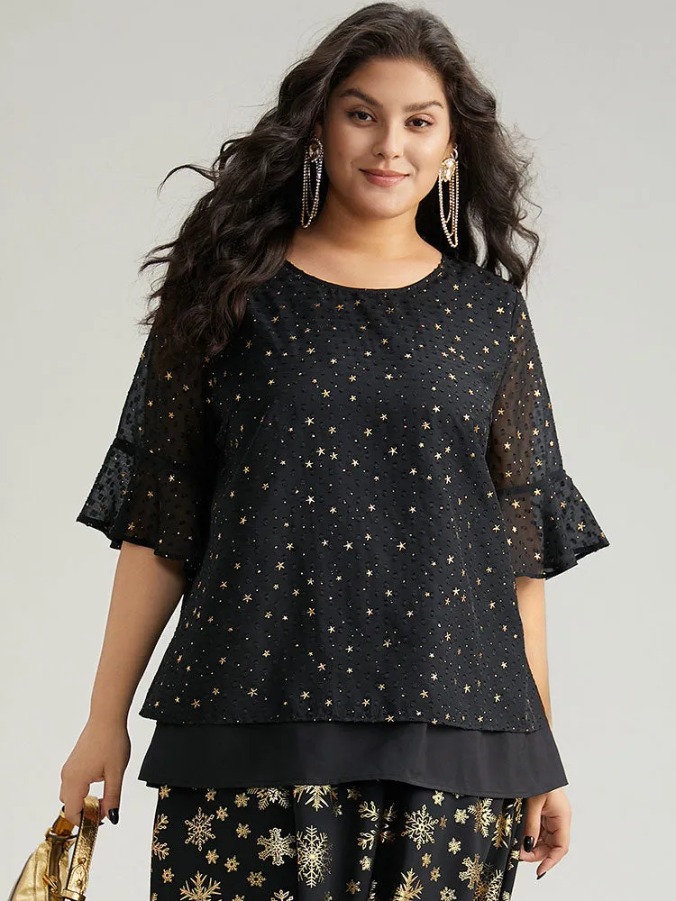 Star Glitter Flutter Sleeve Mesh Blouse sold by Bloomchic