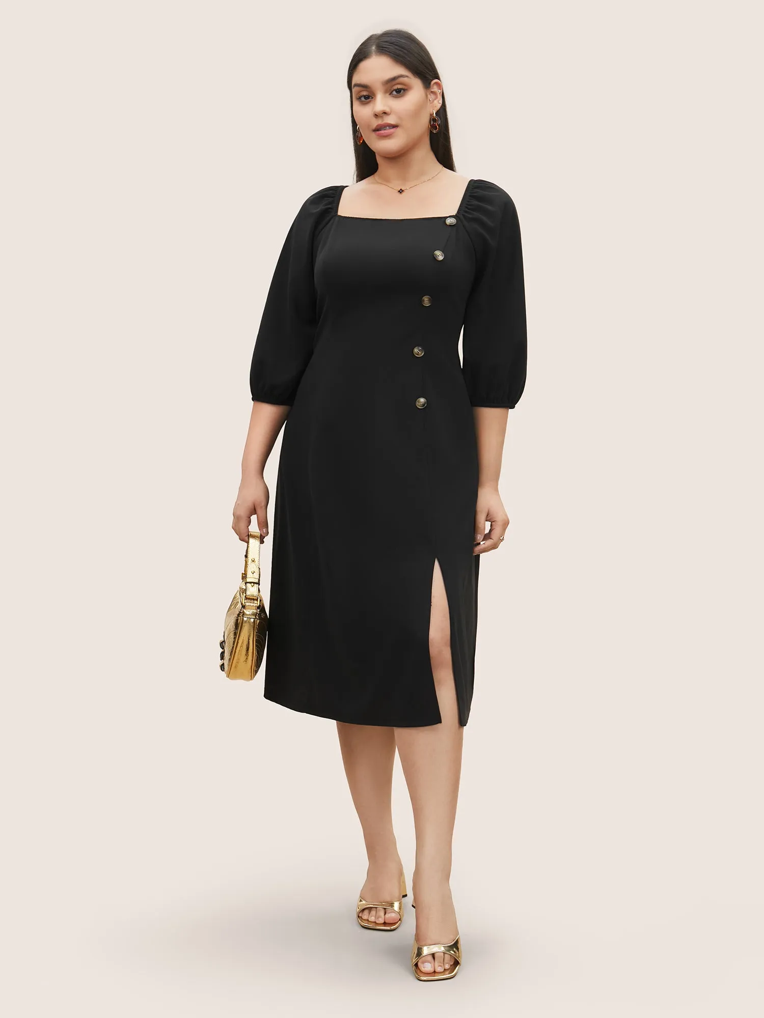 Square Neck Button Detail Gathered Split Side Dress sold by Bloomchic product image thumbnail 2