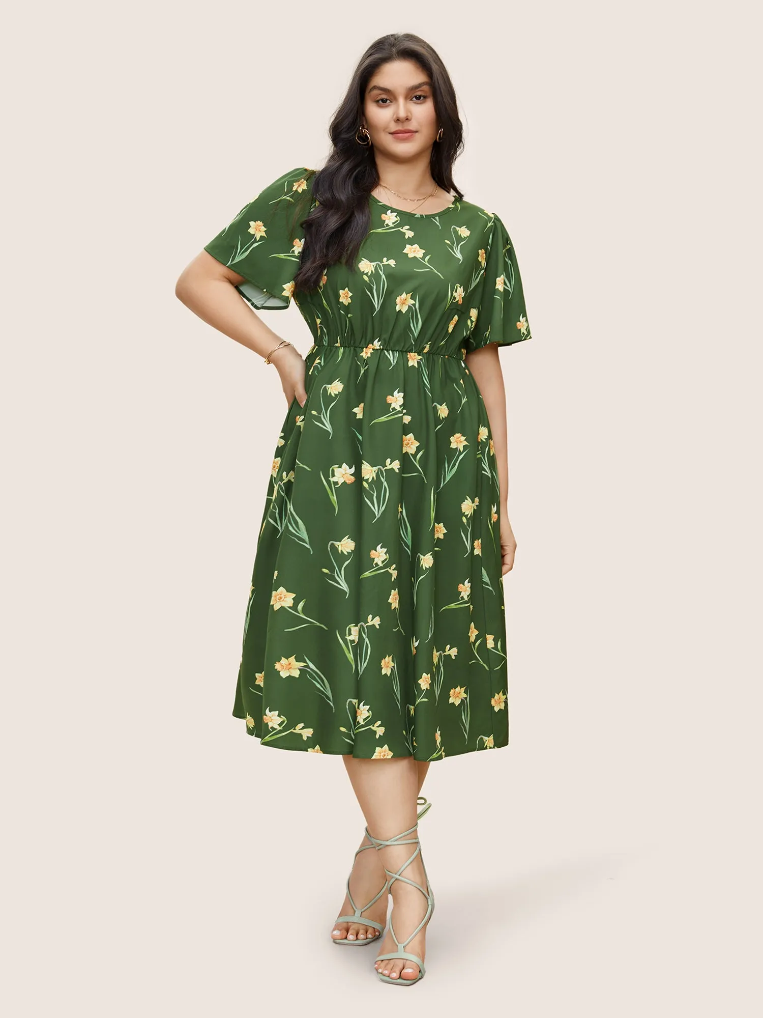Floral Print Gathered Elastic Waist Midi Dress sold by Bloomchic