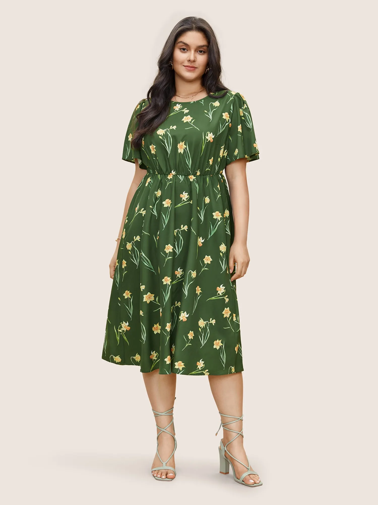 Floral Print Gathered Elastic Waist Midi Dress sold by Bloomchic product image thumbnail 3