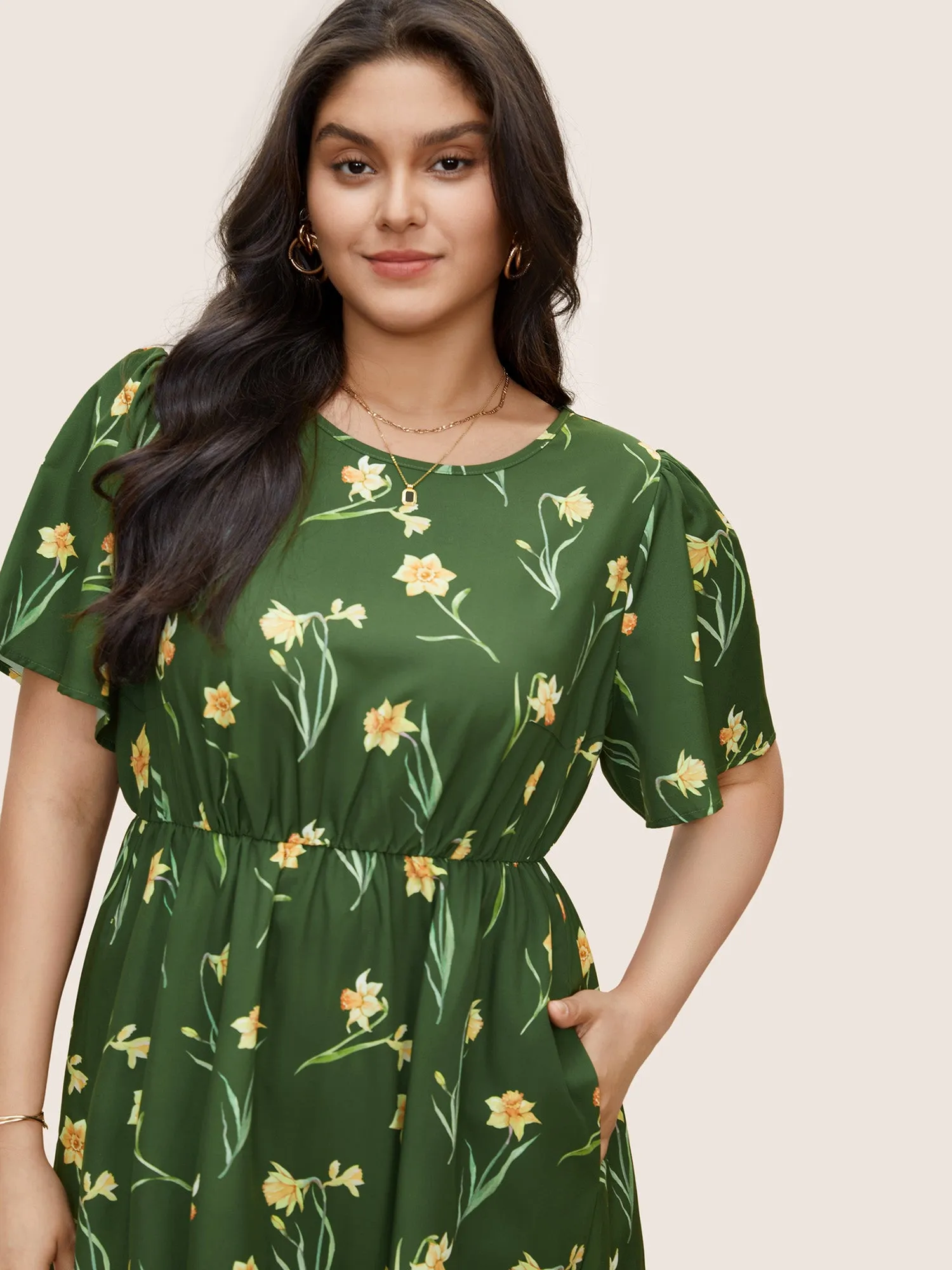 Floral Print Gathered Elastic Waist Midi Dress sold by Bloomchic product image thumbnail 2