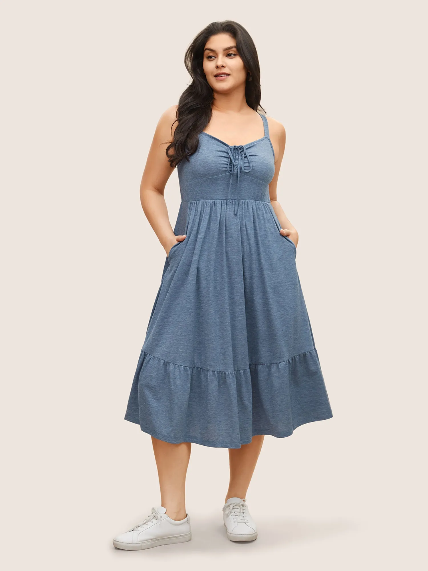 Solid Ruffle Layered Hem Drawstring Cami Dress sold by Bloomchic