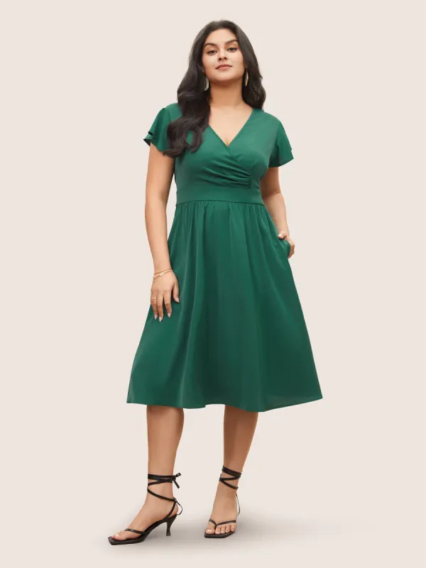 Overlap Collar Ruffle Cap Sleeve Gathered Dress sold by Bloomchic