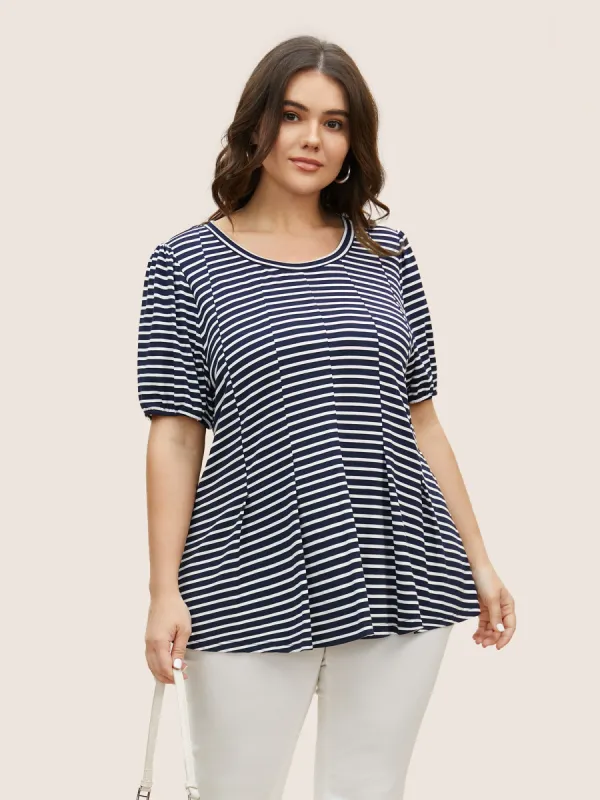 Round Neck Striped Lantern Sleeve T-shirt sold by Bloomchic