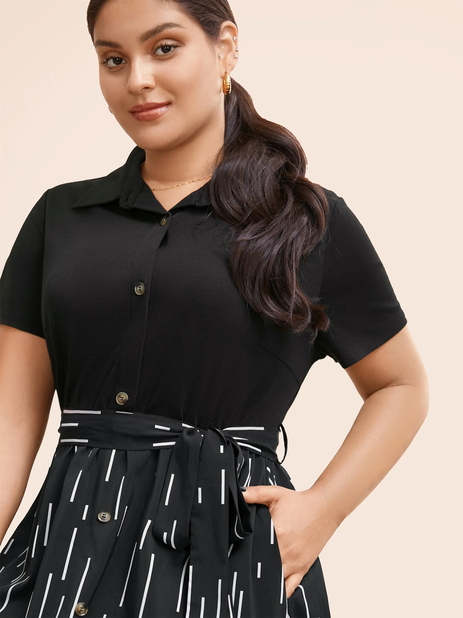 Striped Patchwork Button Detail Belted Dress sold by Bloomchic product image thumbnail 3