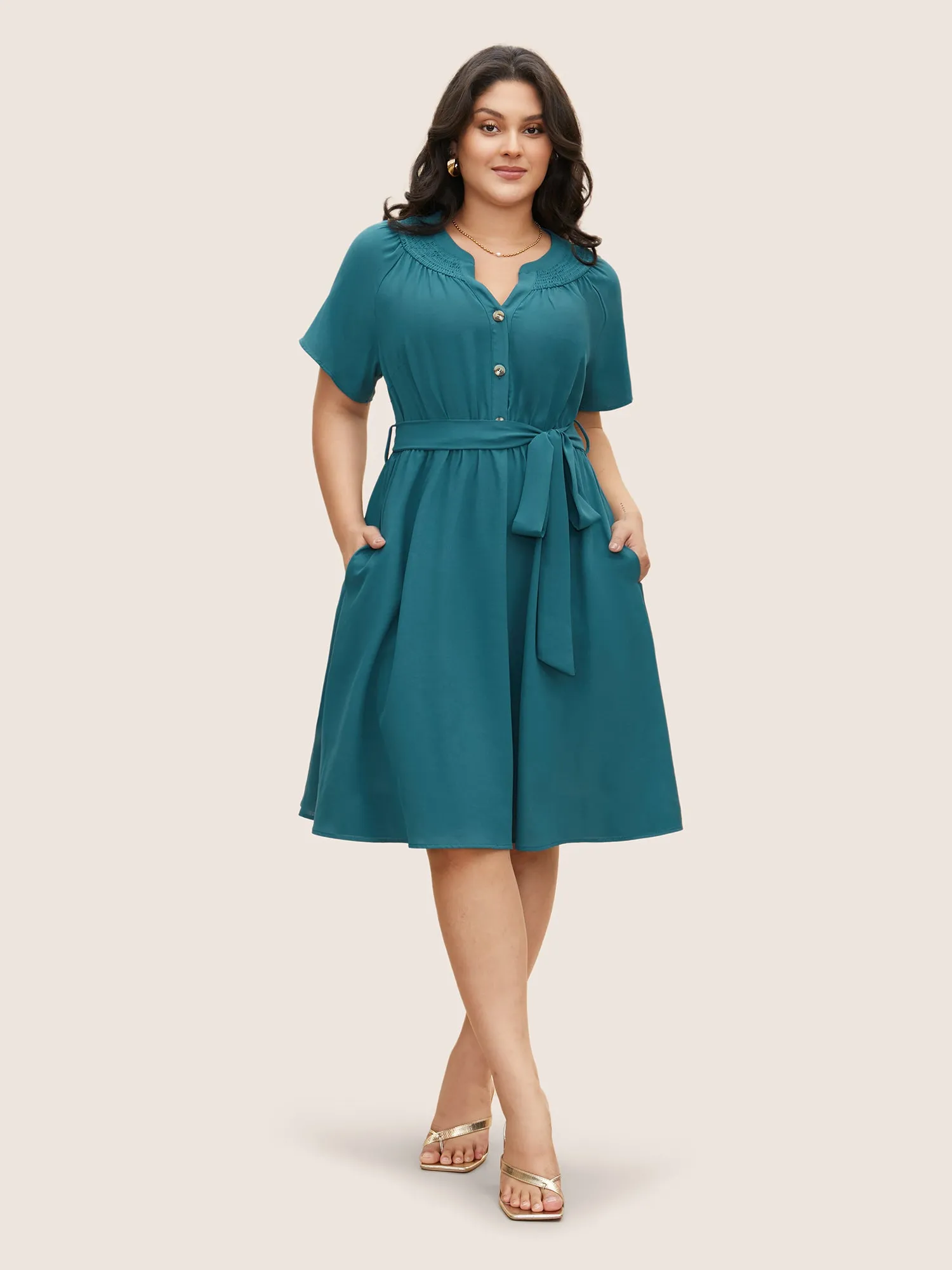 Shirred Notched Button Up Belted Dress sold by Bloomchic product image thumbnail 2