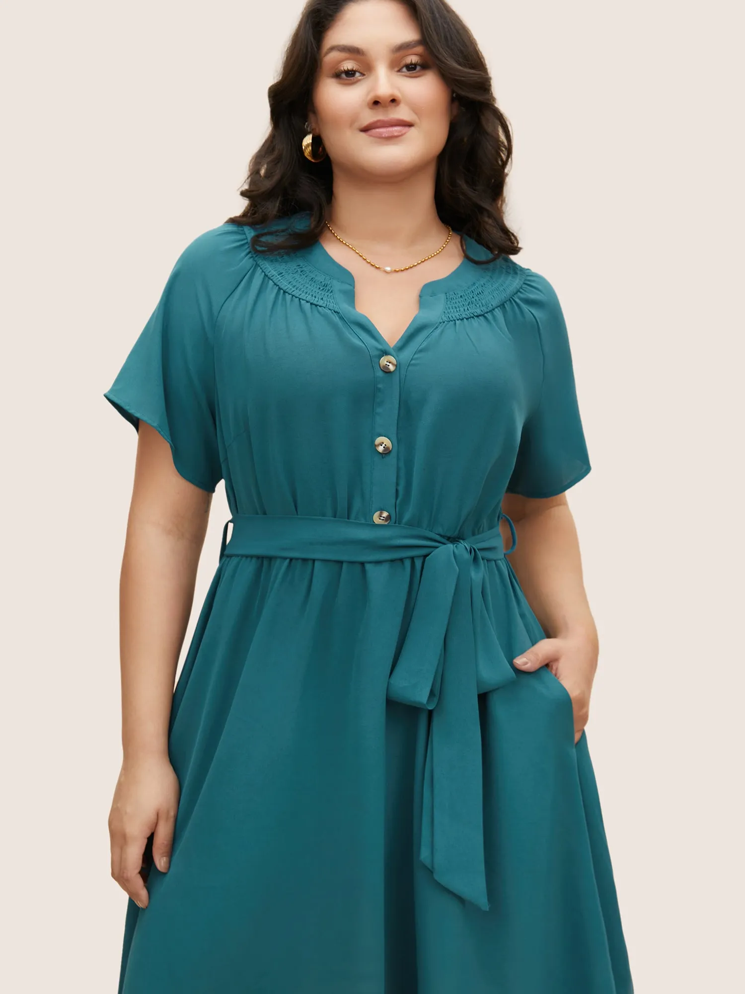 Shirred Notched Button Up Belted Dress sold by Bloomchic product image thumbnail 4