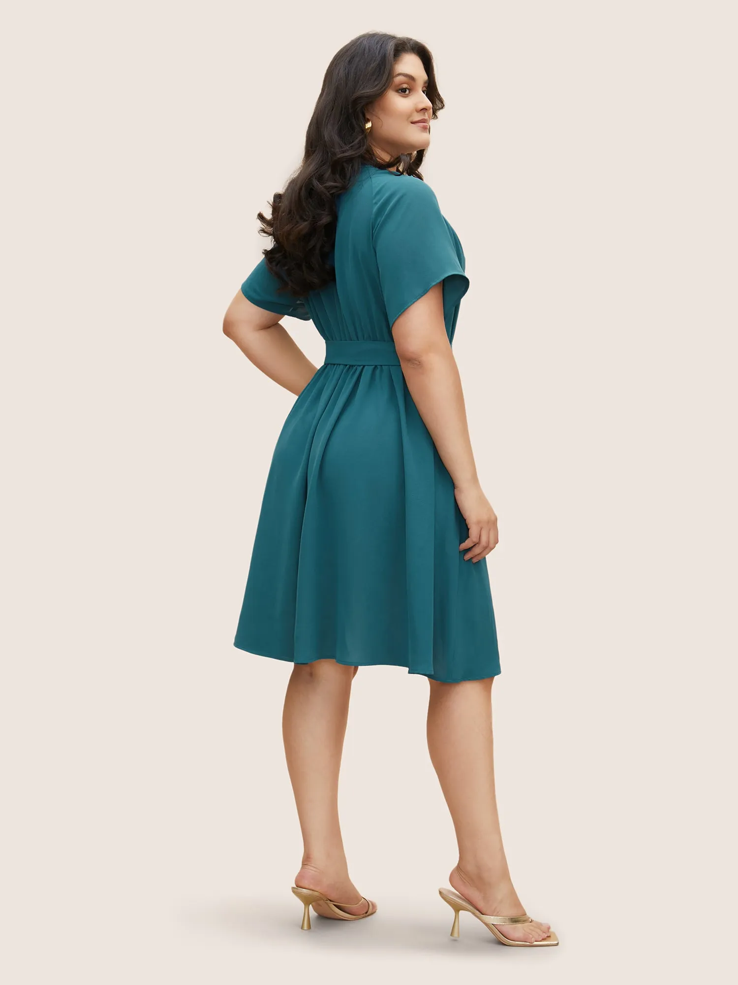 Shirred Notched Button Up Belted Dress sold by Bloomchic product image thumbnail 3