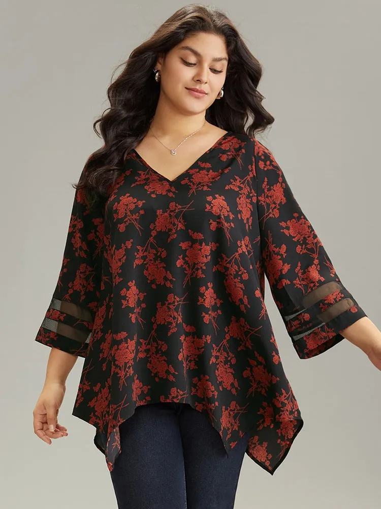 Silhouette Floral Print Patchwork Mesh Hanky Hem Blouse sold by Bloomchic product image thumbnail 4