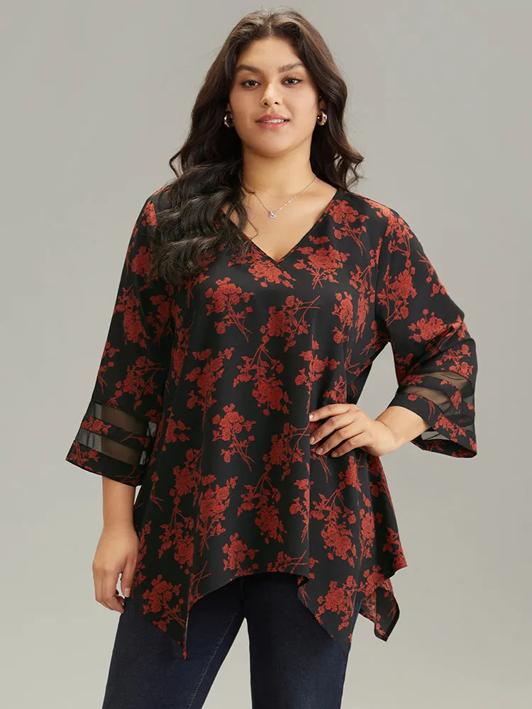 Silhouette Floral Print Patchwork Mesh Hanky Hem Blouse sold by Bloomchic