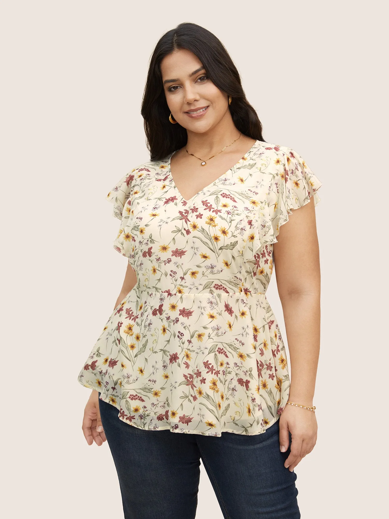 Floral Ruffle Cap Sleeve See Through Blouse sold by Bloomchic