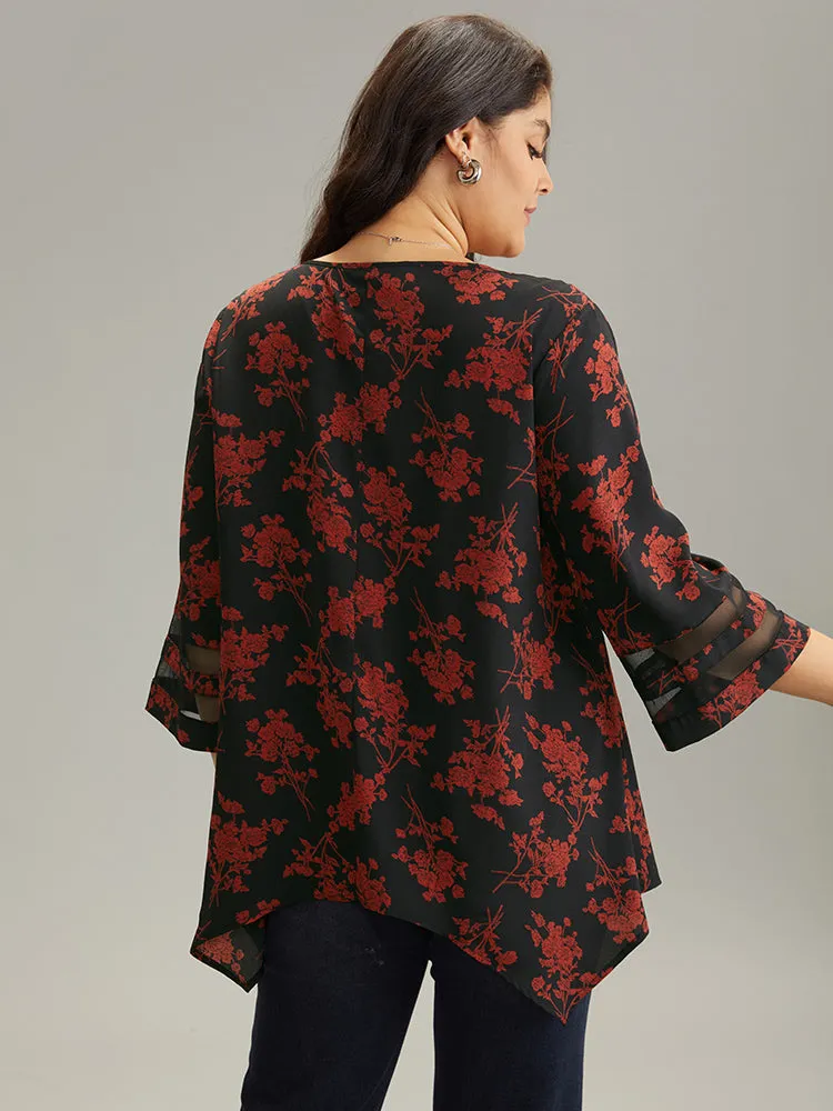 Silhouette Floral Print Patchwork Mesh Hanky Hem Blouse sold by Bloomchic product image thumbnail 2