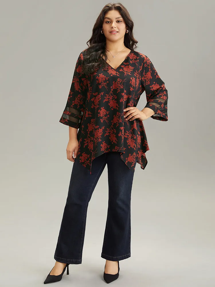 Silhouette Floral Print Patchwork Mesh Hanky Hem Blouse sold by Bloomchic product image thumbnail 3