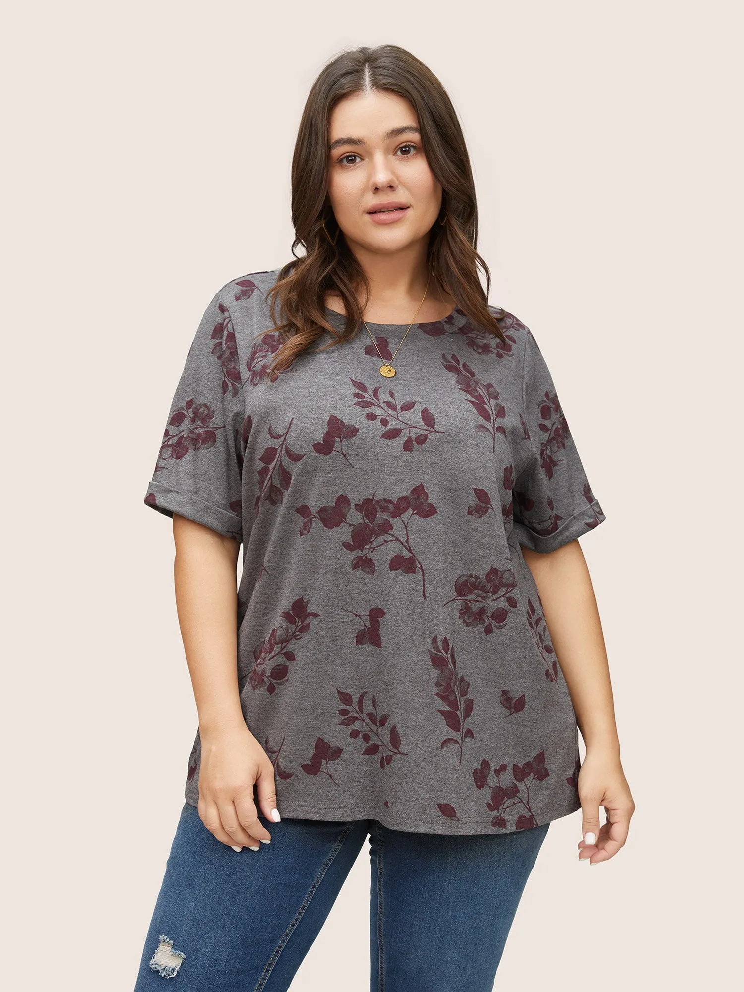Plants Print Roll Hem T-shirt sold by Bloomchic