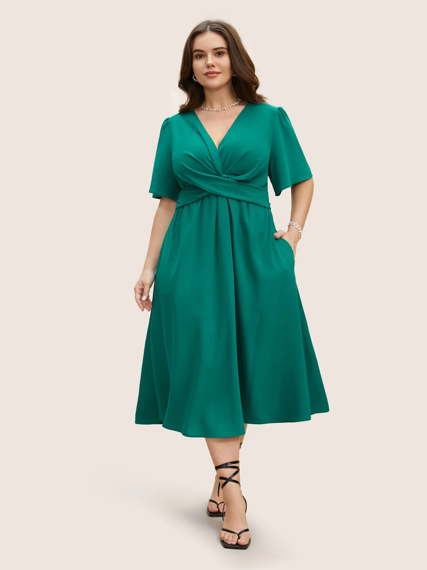 Solid Shirred Crossover Flutter Sleeve Dress sold by Bloomchic product image thumbnail 2