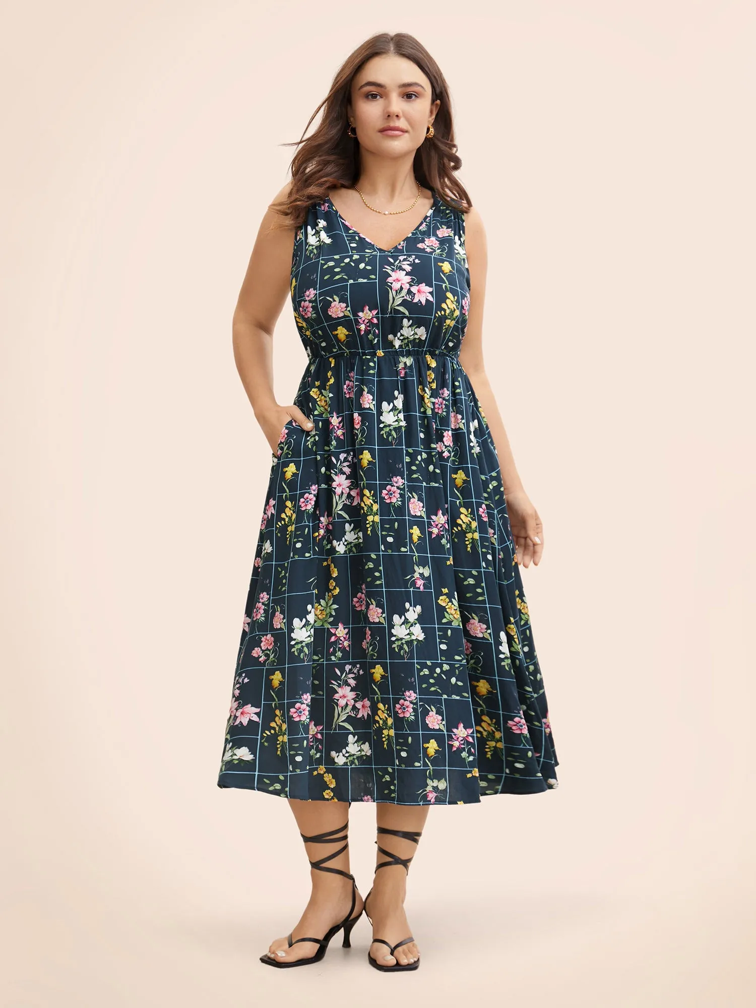 Floral Print V Neck Sleeveless Gathered Dress sold by Bloomchic product image thumbnail 3
