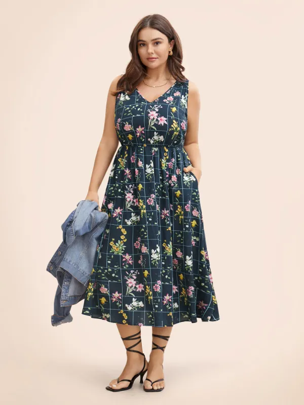 Floral Print V Neck Sleeveless Gathered Dress sold by Bloomchic