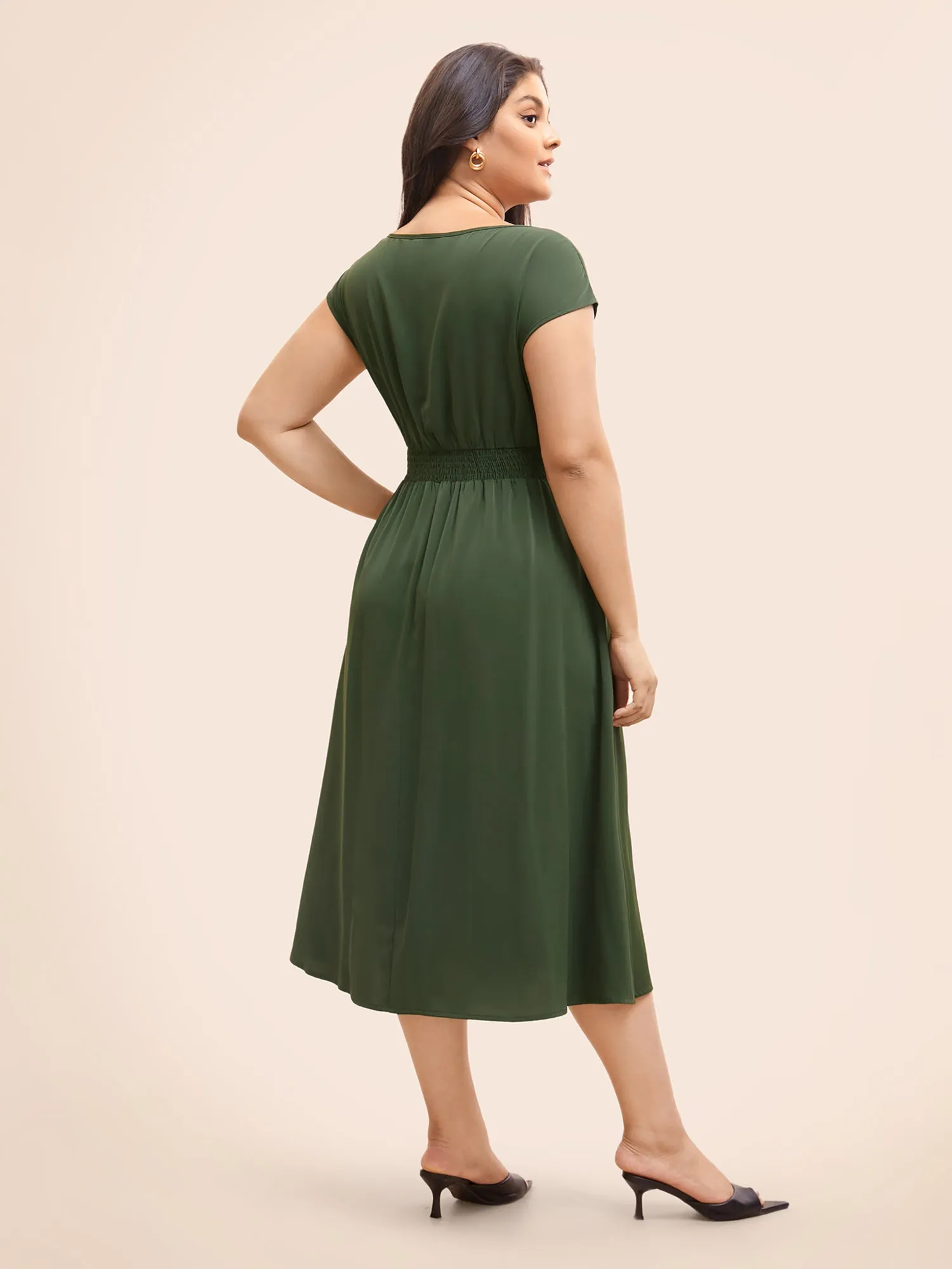 Plain Pleated Shirred Cap Sleeve Dress sold by Bloomchic product image thumbnail 5