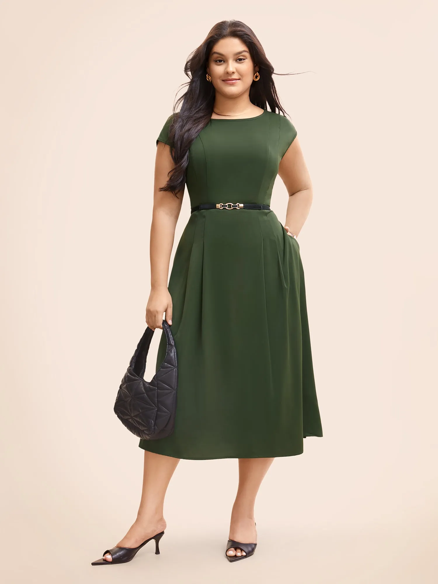 Plain Pleated Shirred Cap Sleeve Dress sold by Bloomchic