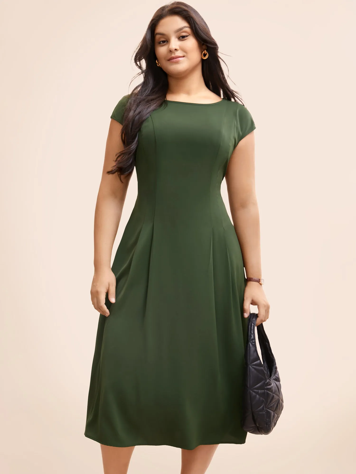 Plain Pleated Shirred Cap Sleeve Dress sold by Bloomchic product image thumbnail 4